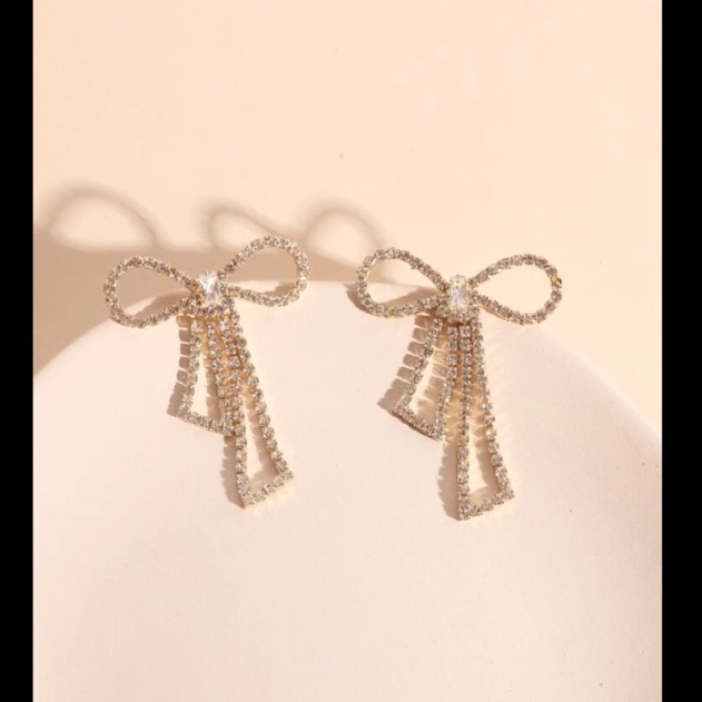 Rhinestone Bow Dangle Luxury Look Earrings